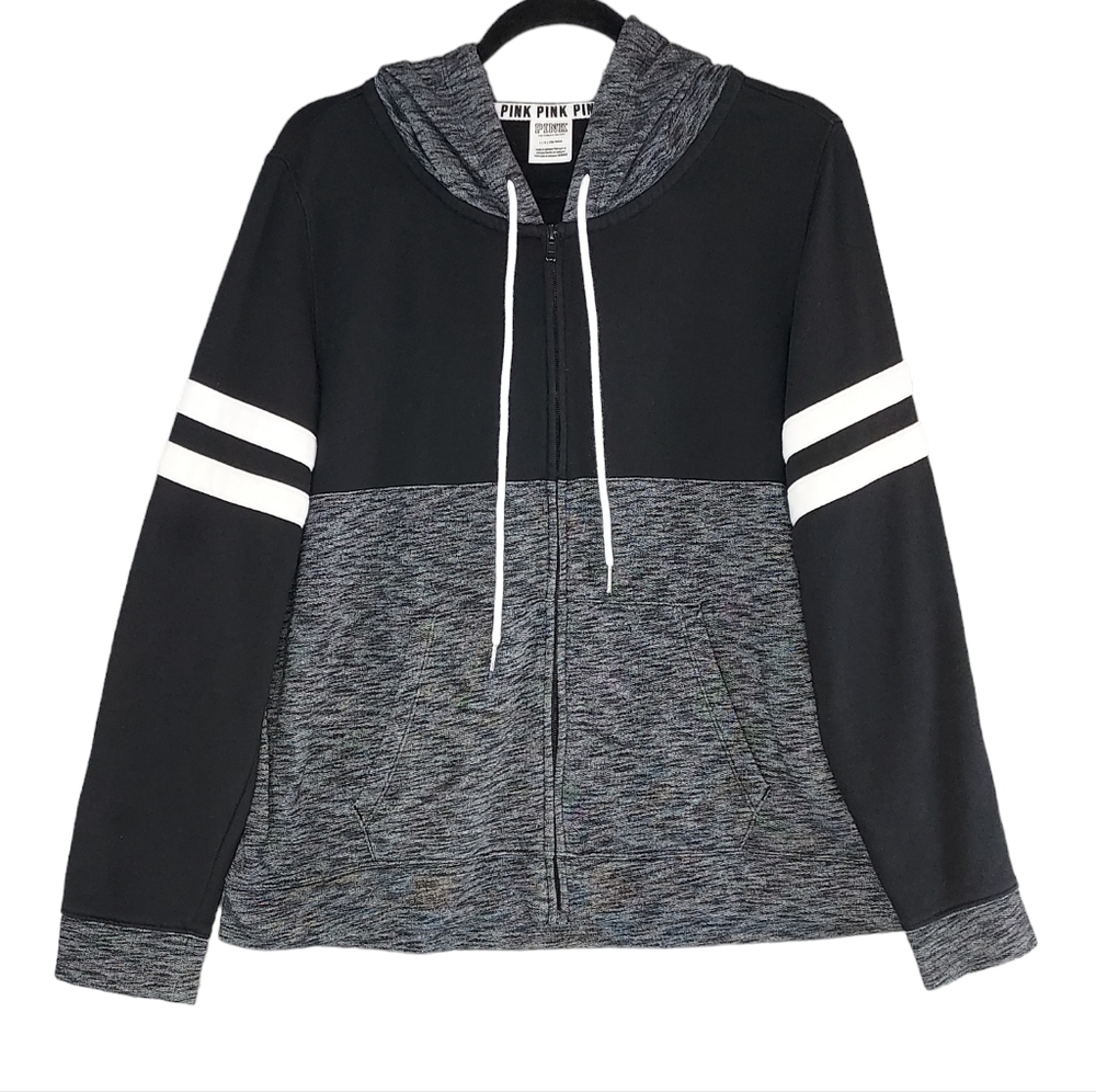 PINK Victoria's Secret Size Large Black & White Full Zip Colorblock Hoodie